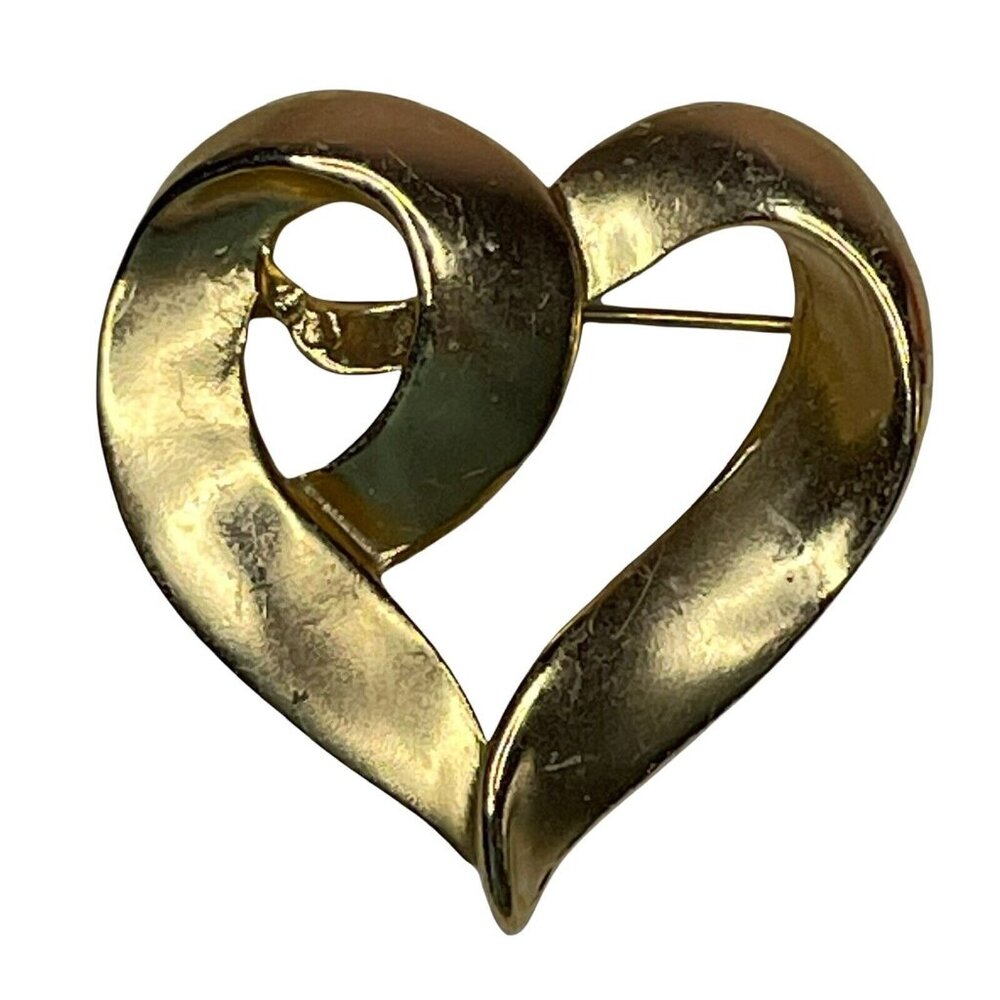 Gold Tone Open Heart Brooch 1.5” Unsigned